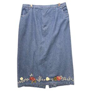 Vintage Denim Midi Skirt With Floral Embroidery & Pockets 1X‎ Boho Cottagecore
